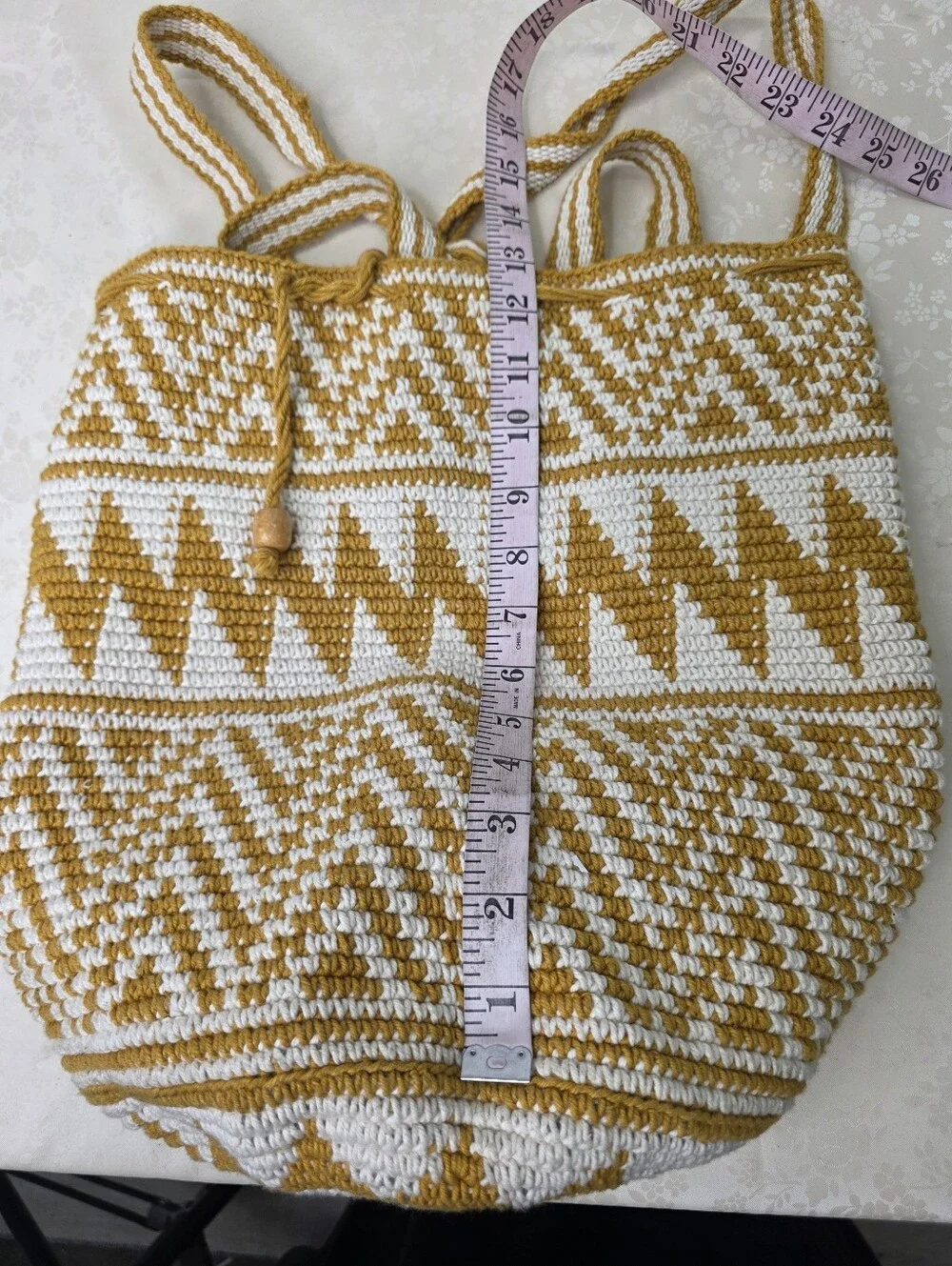 Unique Batik Guatemala Crocheted Drawstring Backpack Mustard Yellow Boho Bucket